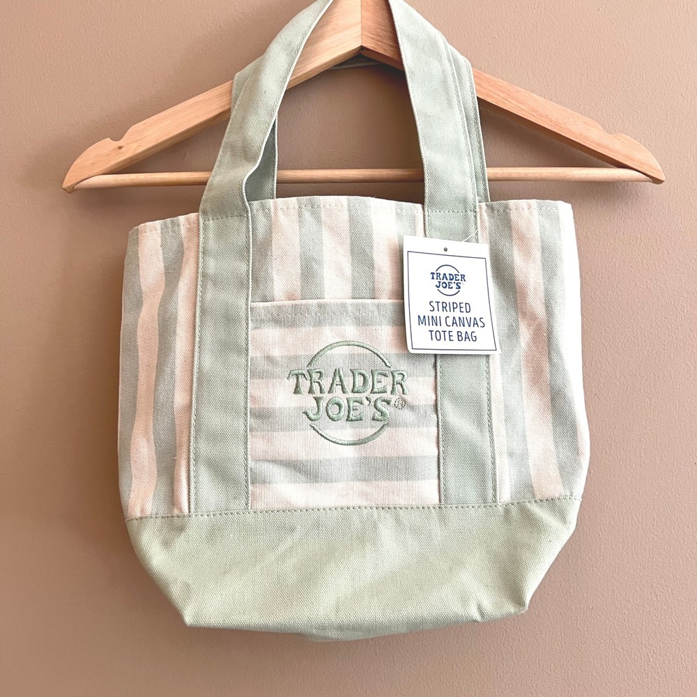 Trader Joe's Striped Mini Canvas Tote Bag Sage Green Cream Limited Edition NEW - Picture 1 of 5